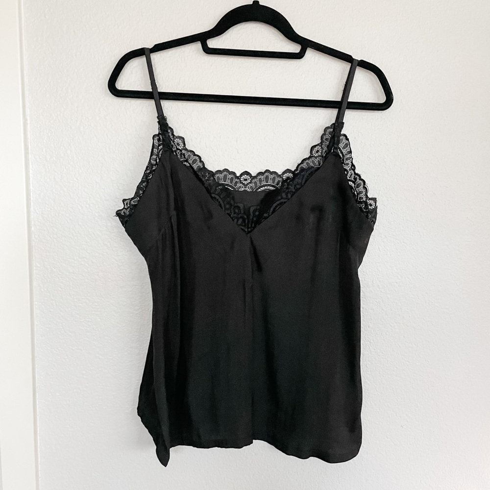 Black Satin Lace Trim Tank Top